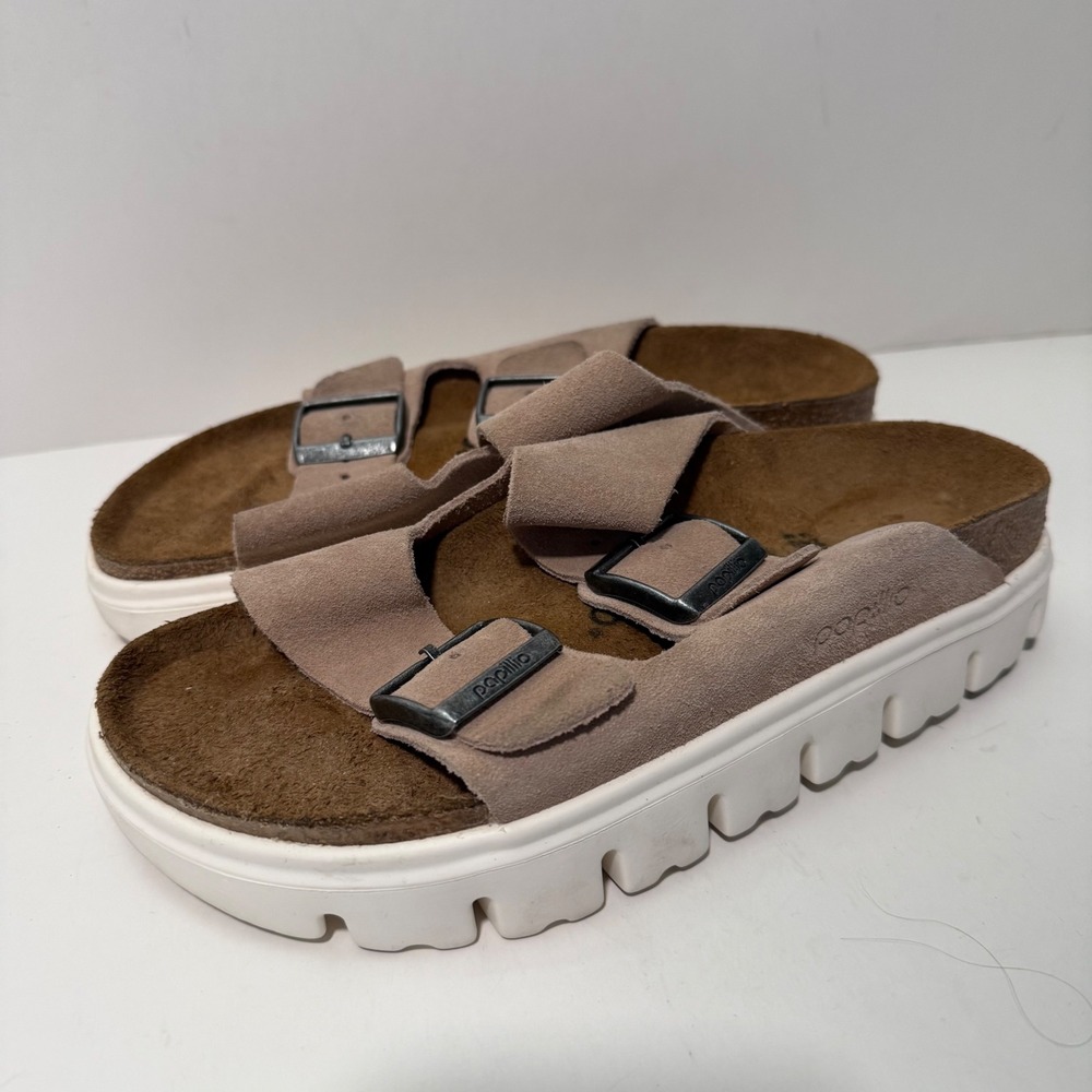 Papillio Taupe Suede Dual-Buckle Platform Sandals